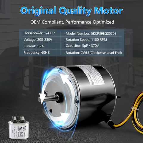 Super Tough One Quarter HP Condenser Fan Motor Replacement For Air Conditioning Units 1100 RPM 208 To 230 VAC with 5µF capacitor.