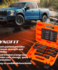 Eight Piece Lug Nut Key Kit And Spline Socket Set in orange case for aftermarket rims and wheel locks with truck in background.
