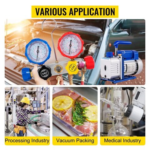 Heavy Duty 1/4 H P Air Conditioner Vacuum Pump With Gauges For HVAC And Refrigeration Maintenance. Single Stage 3.6 CFM Flow Rate. Aluminum Body With Shock Proof Base. Perfect For AC Repair, Auto A/C Service Home Packing and Commercial Air Conditioning
