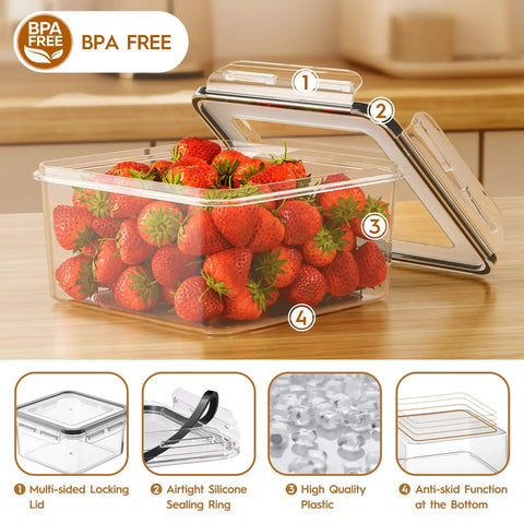 Transparent container from 40 Piece Airtight Food Storage Container Set With Lids, filled with strawberries, BPA free plastic.
