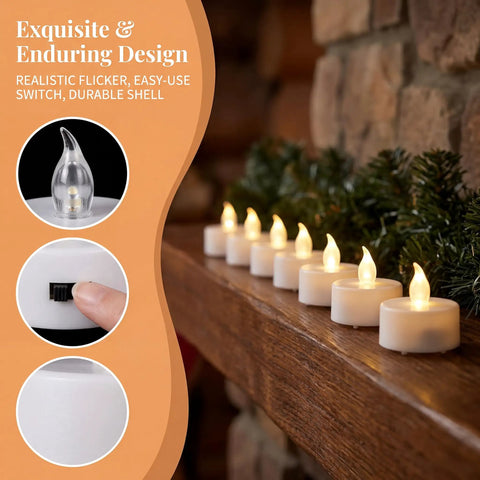 Flameless Tea Lights Battery Operated Candles Set Of 24 LED Flickering Votive Candles glowing on a mantel with greenery.