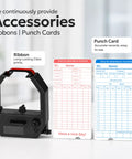 No Sweat Punch Card Time Clock For Employees And Small Business Crews Featuring Six US Time Zones Automatic Daylight Saving Sync Plug And Play Work Hour Logger Comes Ready To Roll With Fifty Preprinted Cards And Two Ribbons, showing two punch cards and a black ribbon holder.