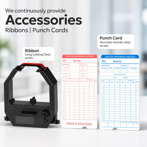 No Sweat Punch Card Time Clock For Employees And Small Business Crews Featuring Six US Time Zones Automatic Daylight Saving Sync Plug And Play Work Hour Logger Comes Ready To Roll With Fifty Preprinted Cards And Two Ribbons, showing two punch cards and a black ribbon holder.