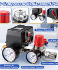 Air Compressor Pressure Switch Kit With Four Port NPT Manifold Regulator And Dual Gauges Automatic On Off Start Stop At 90 To 120 PSI 20 Amp Replacement Part For Air Compressors In Home Shop with close-up of red knob and gauges.