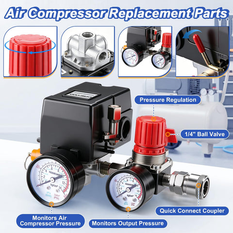 Air Compressor Pressure Switch Kit With Four Port NPT Manifold Regulator And Dual Gauges Automatic On Off Start Stop At 90 To 120 PSI 20 Amp Replacement Part For Air Compressors In Home Shop with close-up of red knob and gauges.