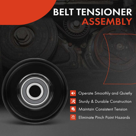 Close-up of belt tensioner pulley with black housing and silver bearing