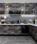 Glossy brown black marble vinyl covering on kitchen cabinets using Marble Peel And Stick Countertop Paper Waterproof Self Adhesive Kitchen Countertop Cover 30 By 200 Inches.
