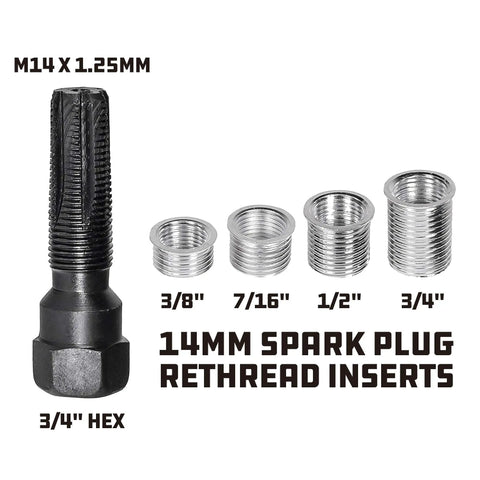 14mm Spark Plug Thread Repair Kit For Aluminum Cylinder Heads With Rethread Tap And Four Inserts labeled by size