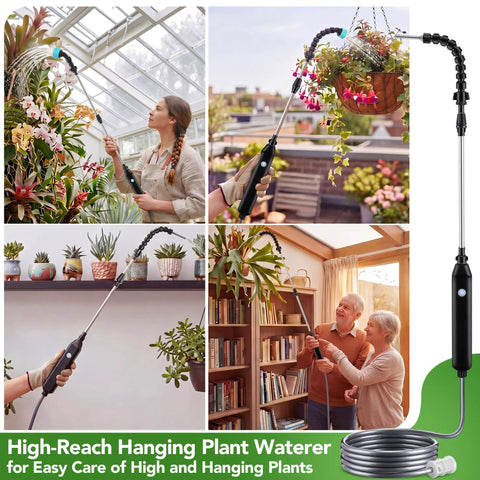 Cordless Rechargeable High Reach Plant Waterer With Telescoping Wand Extends From 25.6 To 35.4 Inches 6.56ft Hose Dual Nozzles in use.