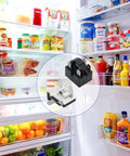 3 Pin 125W Refrigerator Start Relay And Thermal Overload Protector displayed in front of a stocked fridge interior