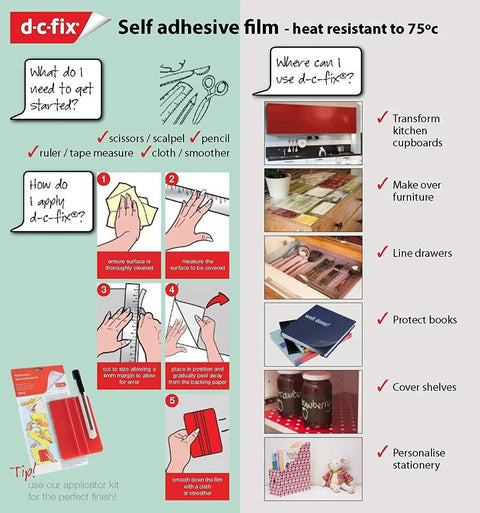 Instructional guide for d-c-fix self adhesive film, showing tools needed, application steps, and uses for furniture and personal items.