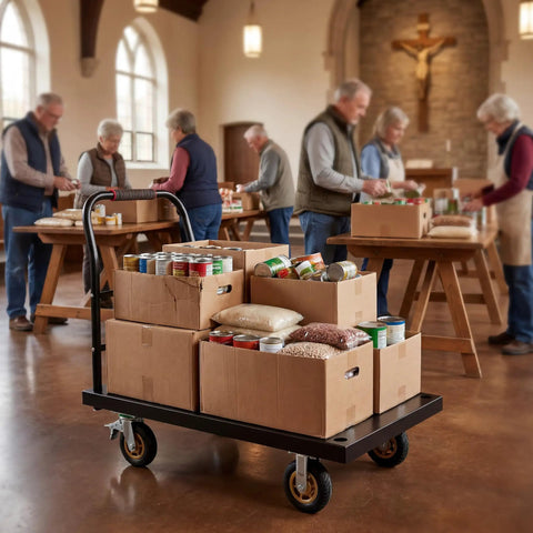 Heavy Duty 2000 Lb Steel Platform Cart With 47 By 24 Inch Anti Slip Platform, Detachable Handle For Easy Storage, 360 Degree Swivel Casters, A Real Warehouse Workhorse For Pros. Loaded with food boxes in a church hall