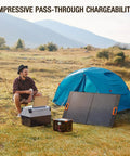 Off Grid Ready 519Wh Portable Power Station with 2 110V AC Outlets beside tent, powering laptop during camping trip