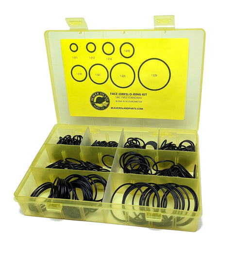 155 Piece O Ring Kit For Face ORFS Fittings With 8 Common Sizes Buna N 90 Durometer SAE Oil And Weather Resistant NBR O Rings Built Tough With Heat Resistance Up To 212F Intermittent Up To 250F in open yellow case showing multiple sections