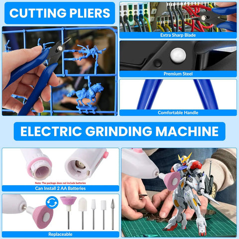 82 Piece Pro Model Tool Kit with cutting pliers and electric grinding machine for building plastic model kits.
