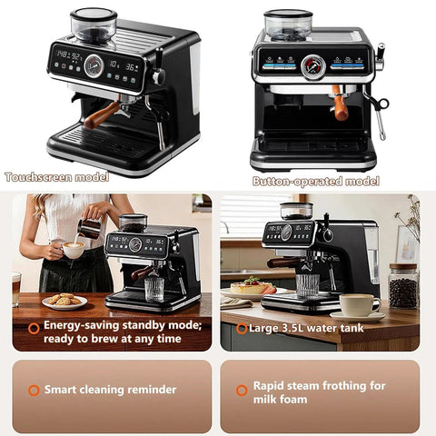 Dope Semi Automatic Espresso Machine With Built In Grinder And 20 Bar Pressure Pump, Rock Solid 18 Grind Settings Plus 2 In 1 Design With Milk Frother For Your Home Setup, showcasing touchscreen and button-operated models
