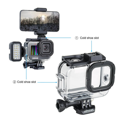 GoPro Hero Waterproof Housing With Floating Hand Grip For Depth Up To 196ft, Red Filter, Crystal Clear Flat Glass Lens, integrated cold shoe mount