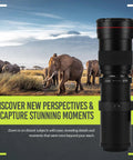 High Power 420 To 1600mm F8.3 HD Manual Telephoto Zoom Lens For EOS Cameras with elephants in background and mountains