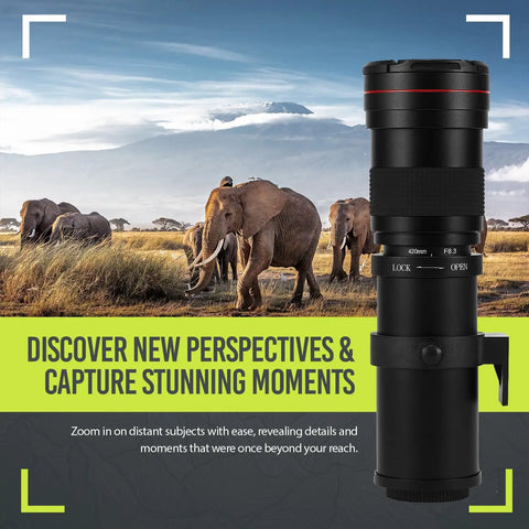 High Power 420 To 1600mm F8.3 HD Manual Telephoto Zoom Lens For EOS Cameras with elephants in background and mountains