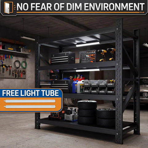 Heavy Duty 4 Tier Metal Garage Storage Shelving Unit With Beefed Up Reinforced Frame For Maximum Stability And High Capacity Organization Adjustable Shelves Rust Resistant Finish Easy Assembly Ideal For Shop Garage Or Home Workshop showing tools and equipment on shelves in a garage setting