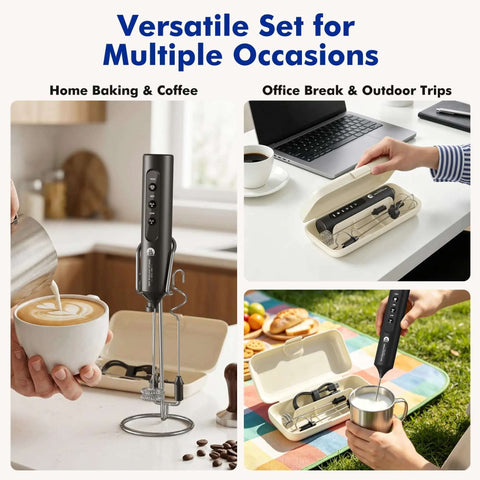 Rechargeable Milk Frother Set With Stand Battery Included Level Up Your Coffee Game Featuring 4 Swappable Whisks And Compact Travel Case on kitchen counter.
