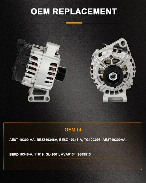 OEM replacement alternator for Ford Fiesta 2011-2019, side and front view, 120A 12V, plug-and-play, reliable battery charging
