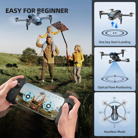 Beginner Friendly Foldable Camera Drone With 1080P Video For Indoor And Outdoor Fun Two Batteries One Key Start Altitude Hold Easy To Fly RC Quadcopter For Kids And Adults shown with controller and user interface