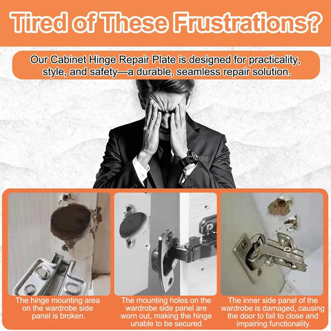 Visual frustration with damaged furniture, featuring broken kitchen cabinet hinge, highlighting the need for repair.