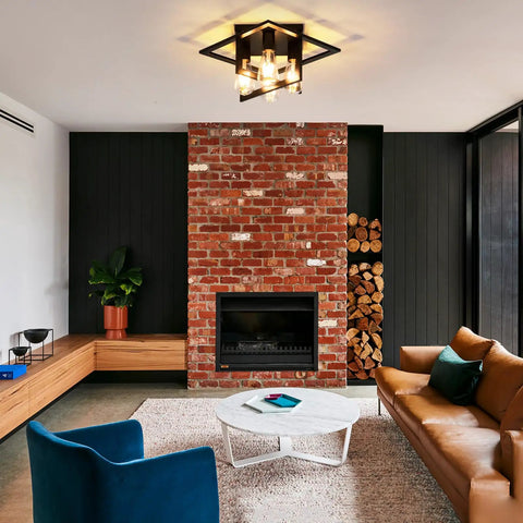 Living room with 4 light industrial ceiling light in matte black with open frame cage design, semi flush mount fixture enhancing decor