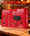 Front view: red SEDY 4-piece tube cutter set box with heavy-duty pipe cutter, deburring tool, mini cutter, and reamer.