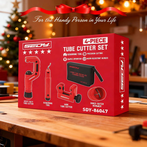 Front view: red SEDY 4-piece tube cutter set box with heavy-duty pipe cutter, deburring tool, mini cutter, and reamer.