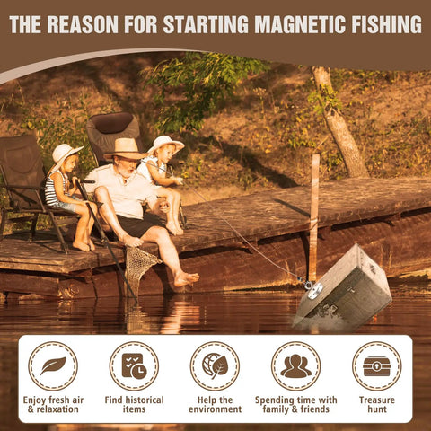 Family on dock with Heavy Duty Silver Fishing Magnet 2.0 Inch With Eyebolt Handle 350lb Neodymium Pickup Magnet over water.