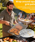 Man using Square BBQ Fish Basket For Grilling Great For Camping Stainless Steel Rust Resistant Easy To Clean Stable Design Keeps Fish In Place Outdoor Cooking Essential For Any Grill Session over a barbecue