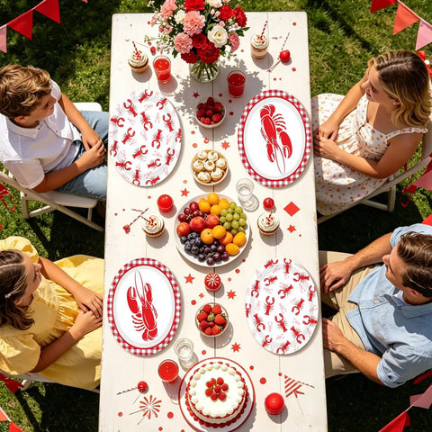 Rad Lobster Themed Oval Paper Plates 12 By 10 Inch 50 Pack Disposable Seafood Boil Dishes arranged on a festive outdoor dining table.