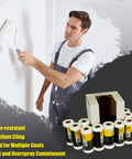 Man painting a wall beside Bulk Pack Masking Film Rolls 12 Rolls 180 Feet Each 24 Inch Width Self Adhering Plastic.