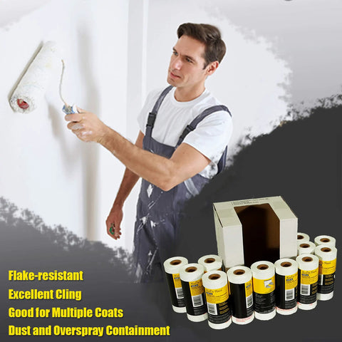 Man painting a wall beside Bulk Pack Masking Film Rolls 12 Rolls 180 Feet Each 24 Inch Width Self Adhering Plastic.