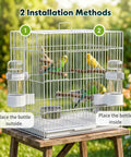 Large Capacity Automatic Bird Water Dispenser For Cage With Spill Proof Design, showing installation options with parakeets.