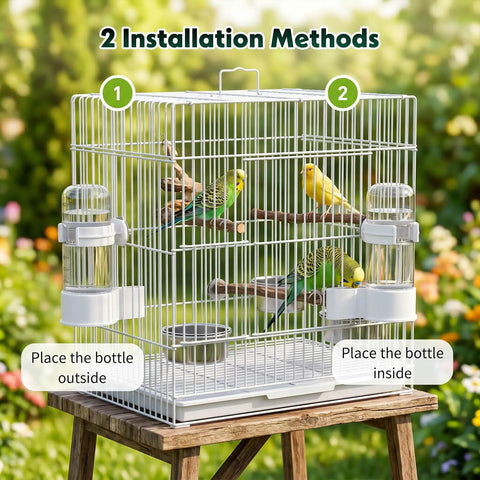 Large Capacity Automatic Bird Water Dispenser For Cage With Spill Proof Design, showing installation options with parakeets.