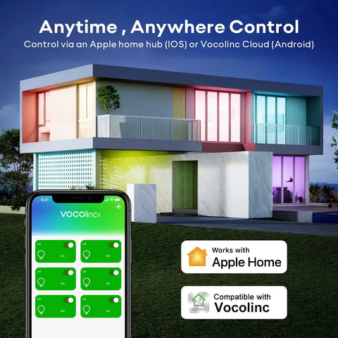 Modern house with colorful lighting using Latest L4 WiFi Smart LED Bulb Dimmable RGBW A21, Apple HomeKit and Vocolinc app on phone.