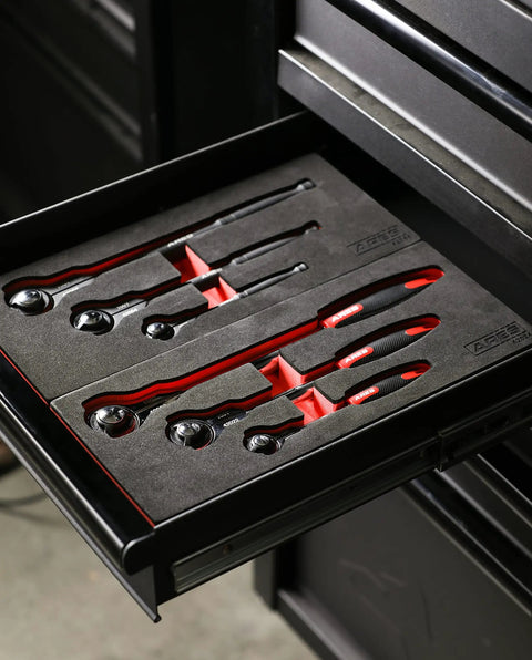 100 Tooth Swivel Head Ratchet Set for Heavy Duty Jobs with EVA foam tray in tool chest drawer