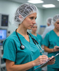 Healthcare worker wearing Breathable Disposable Bouffant Cap With Elastic Edge For A Secure Fit Latex Free in a medical setting