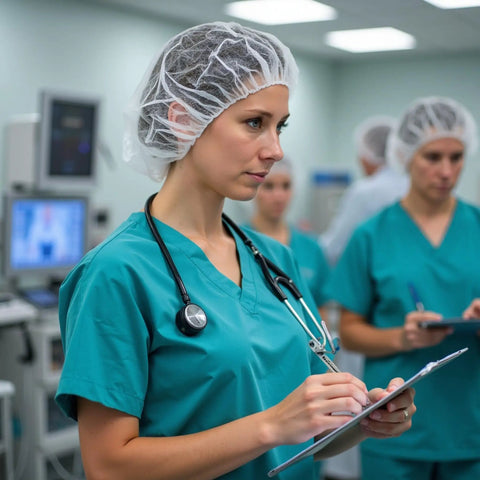 Healthcare worker wearing Breathable Disposable Bouffant Cap With Elastic Edge For A Secure Fit Latex Free in a medical setting