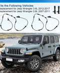 Heavy Duty Front And Rear Abs Wheel Speed Sensors For Jeep Wrangler Three Liter Engines 2007 Through 2017 showing vehicle compatibility.
