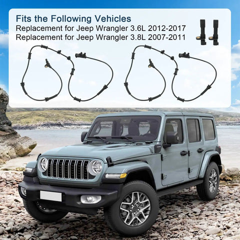 Heavy Duty Front And Rear Abs Wheel Speed Sensors For Jeep Wrangler Three Liter Engines 2007 Through 2017 showing vehicle compatibility.