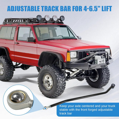Beefed-Up Front Adjustable Track Bar For 4-6.5 Inch Lift Cherokee XJ 1984-2001 - Heavy Duty Forged Steel, Factory Style Bushing, Easy Adjust, Improves Alignment And Reduces Suspension Stress For 2WD And 4WD Jeep XJ installed on lifted red Jeep Cherokee XJ