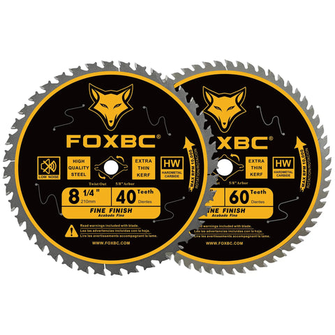 Two circular saw blades with wolf logo, one 8-1/4 inch 40T and one 8-1/4 inch 60T, 5/8 inch arbor, extra thin kerf design.