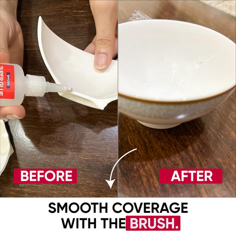 2 In 1 Brush On Super Glue With Nozzle, Mess Free, bonding ceramic bowl, before and after repair, quick set application