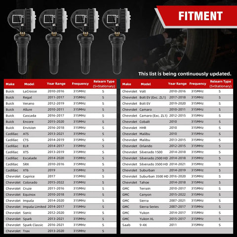 List of 315Mhz Tpms Tire Pressure Monitoring System Sensors fit for Chevy, GMC, Buick with compatible models and year ranges.