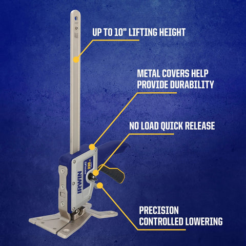 IRWIN Quick-Lift construction jack, hand lifting tool with metal post, blue/gray body, front view