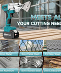 Beast Mode Cordless Sheet Metal Cutter displayed with examples of materials like metal and cardboard, showcasing versatility in cutting.